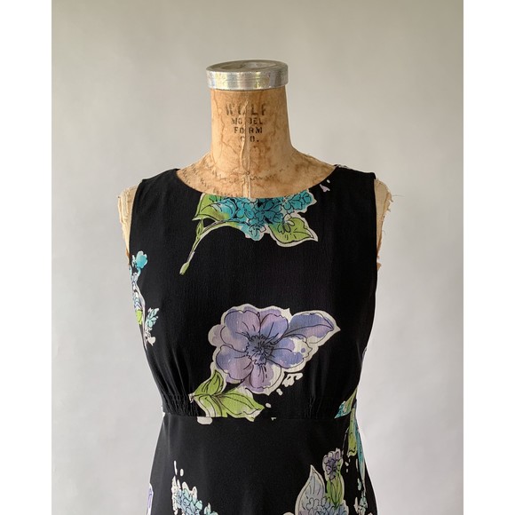 VTG Y2K Talbots Black Floral Silk Chiffo 1930s Style Bias Cut Dress S Size 4 - Picture 3 of 10